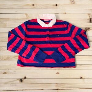 R.M. Williams Fillies Cropped Striped Rugby Shirt Red Blue Long Sleeve Size 14